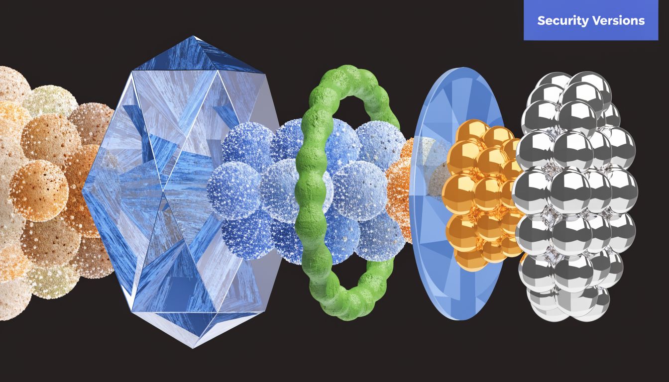 A 3D abstract illustration showing layers of geometric shapes including spheres, prisms, and a textured ring.