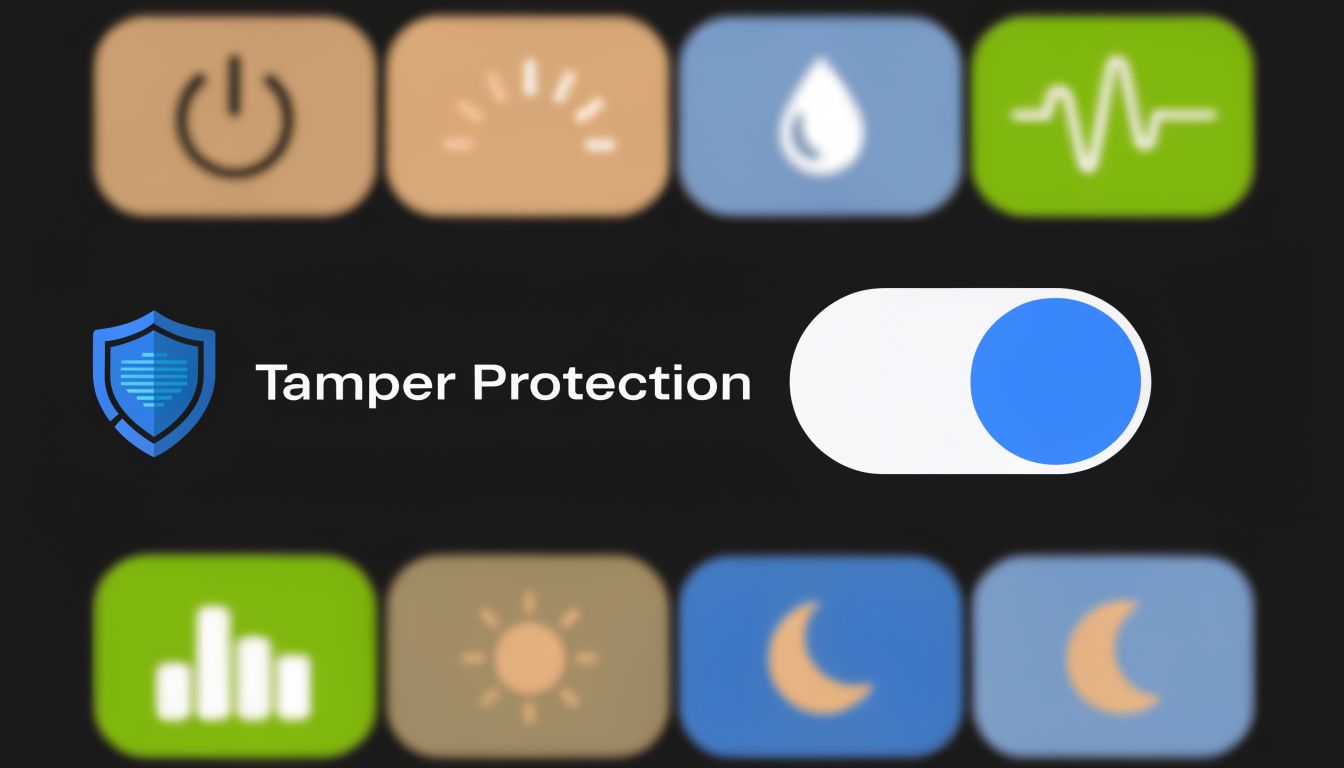 A digital interface showing an active Tamper Protection switch surrounded by various circular control icons.
