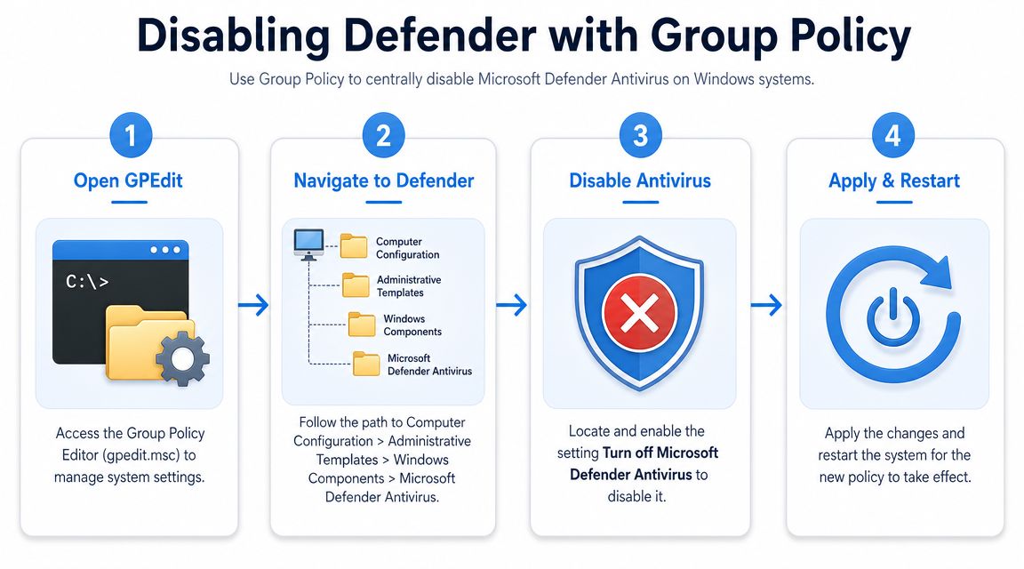 A four-step infographic illustrating how to disable Microsoft Defender Antivirus using the Group Policy Editor.