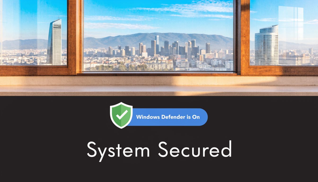 A digital screen showing a security confirmation with a Windows Defender shield icon and text saying System Secured.