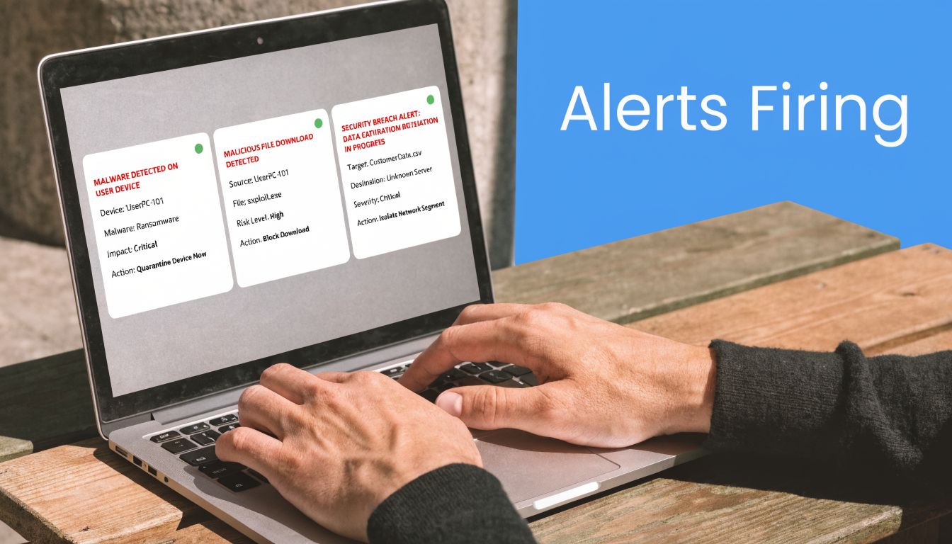 A person using a laptop displaying multiple critical cybersecurity alerts about malware and data exfiltration in progress.