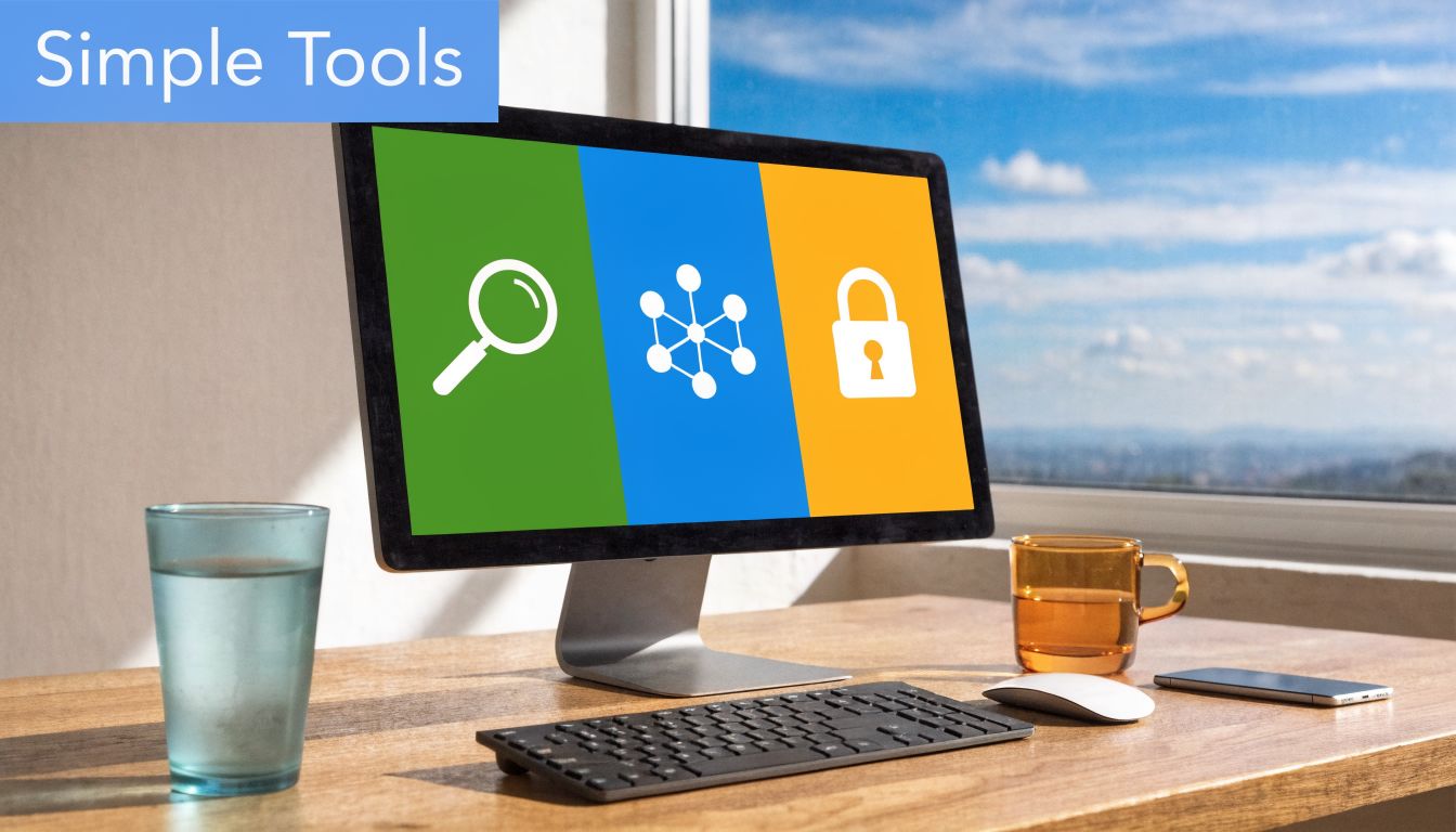 A modern computer screen displaying search, network, and security icons on a desk with a drink.