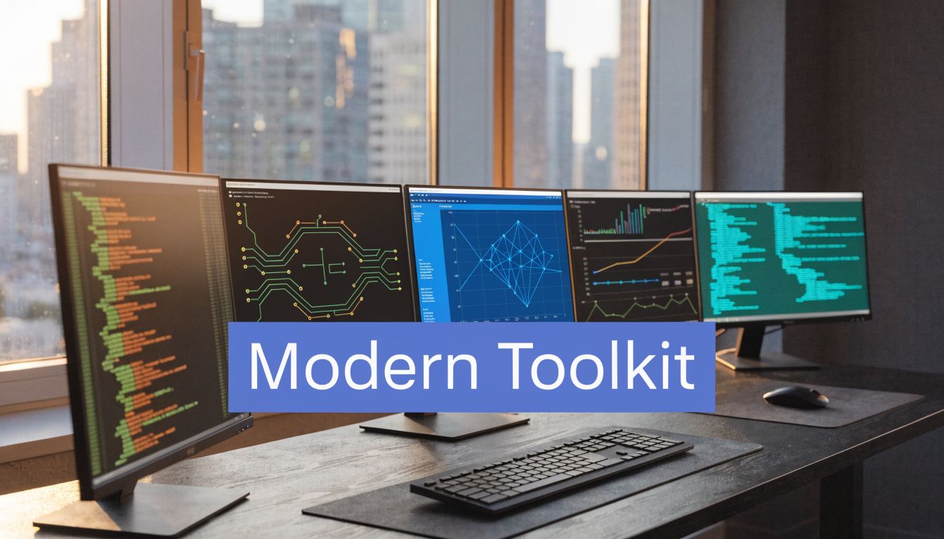 A professional desk setup featuring four computer monitors displaying code, circuit diagrams, and data analytics software.
