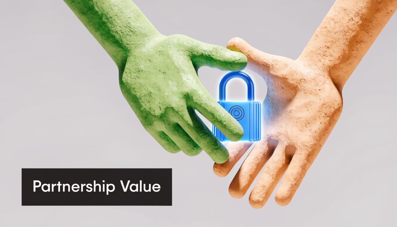 A green hand and an orange hand holding a glowing blue padlock, representing secure business partnership concepts.