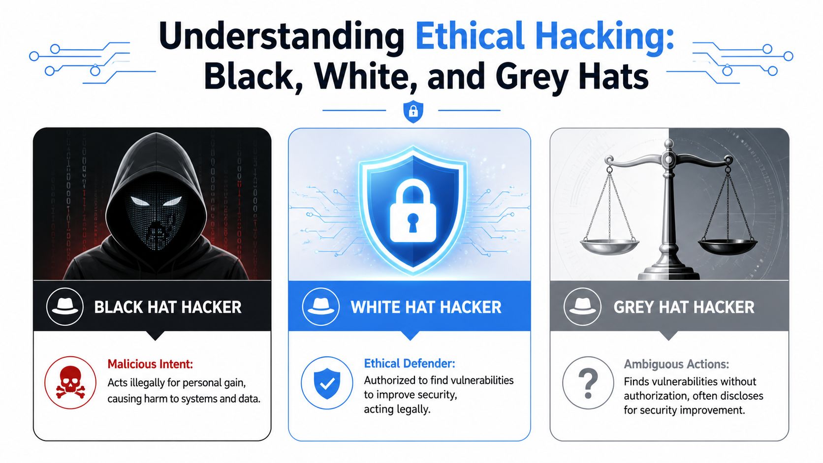 An infographic defining the differences between Black, White, and Grey Hat hackers in cybersecurity.