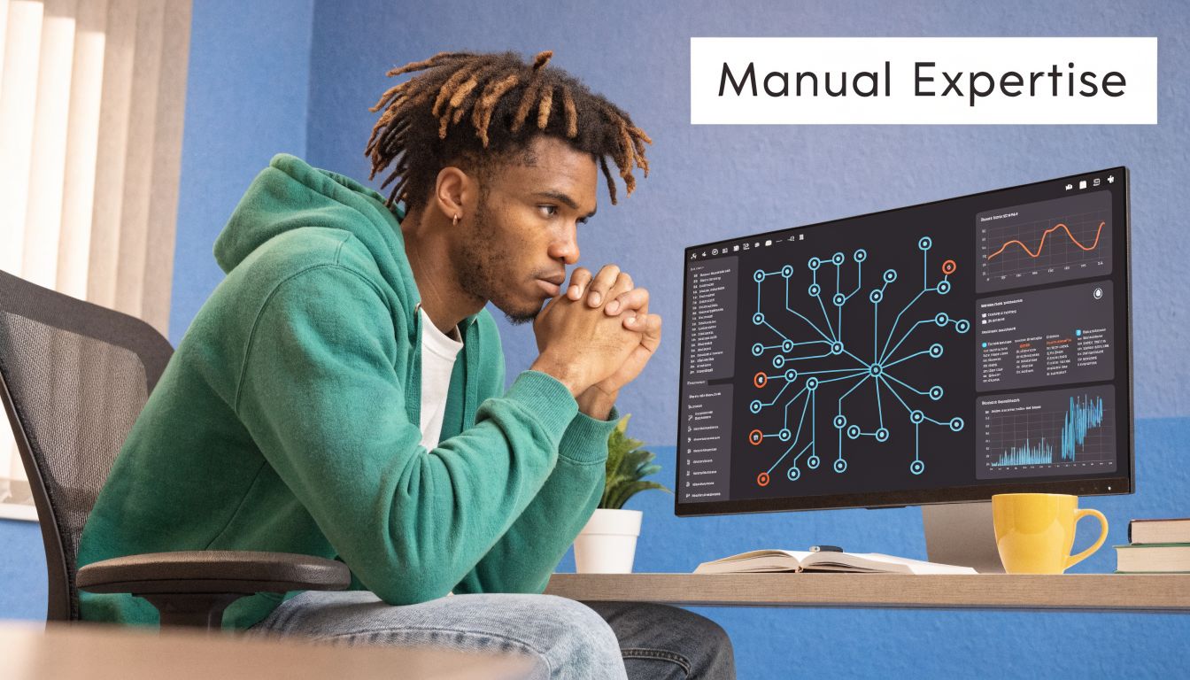 A young man with dreadlocks contemplates a computer screen showing a complex network graph and analytics.