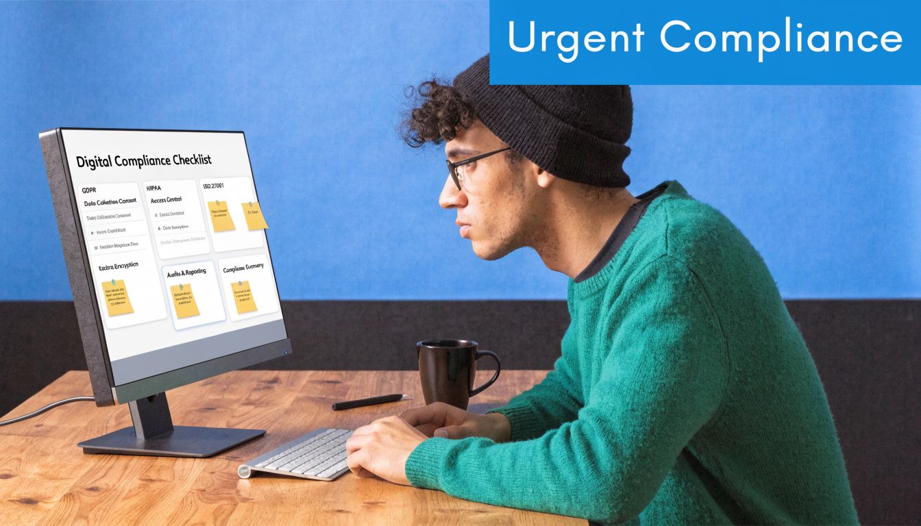 A young man sitting at a desk and reviewing a digital compliance checklist on a computer monitor.