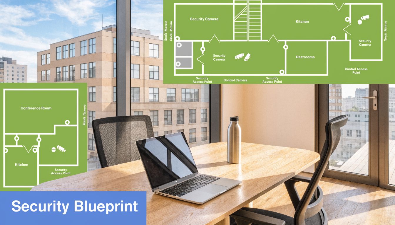 A modern workspace office with a laptop, water bottle, and architectural floor plan diagrams overlayed on the view.
