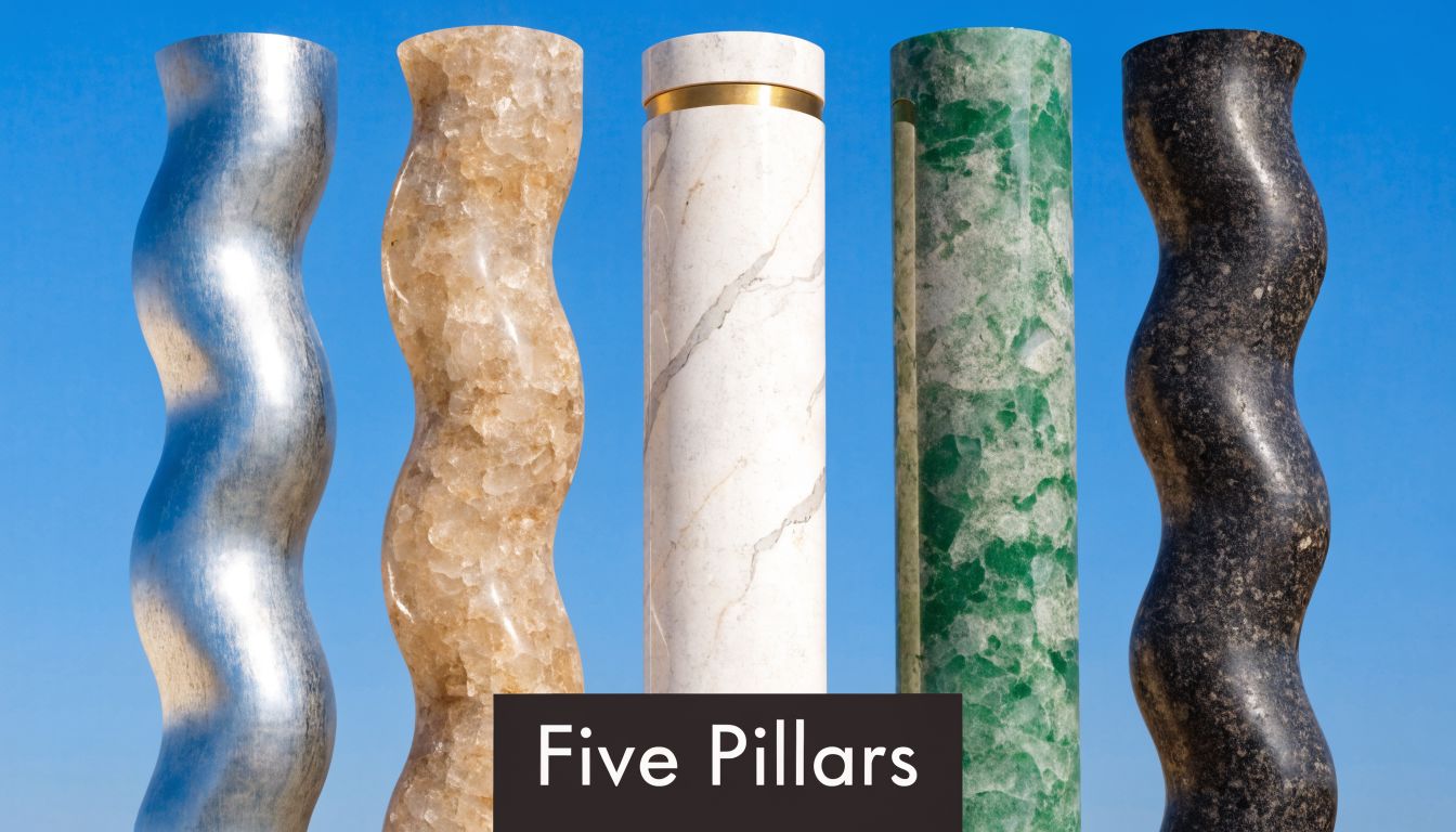 Five diverse decorative architectural pillars standing in a row against a clear blue sky background.