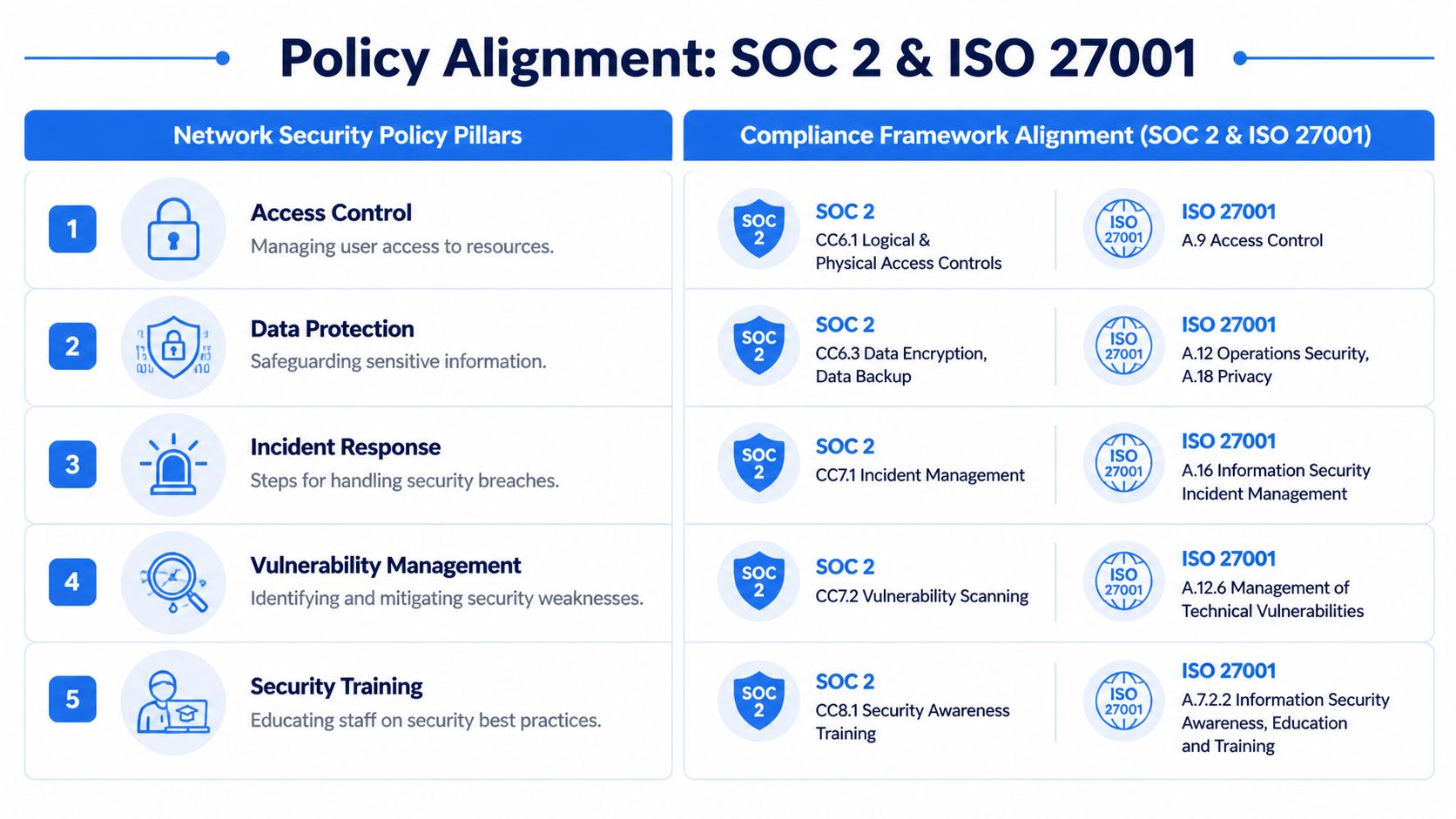 A table comparing SOC 2 and ISO 27001 standards across five essential network security policy pillars.
