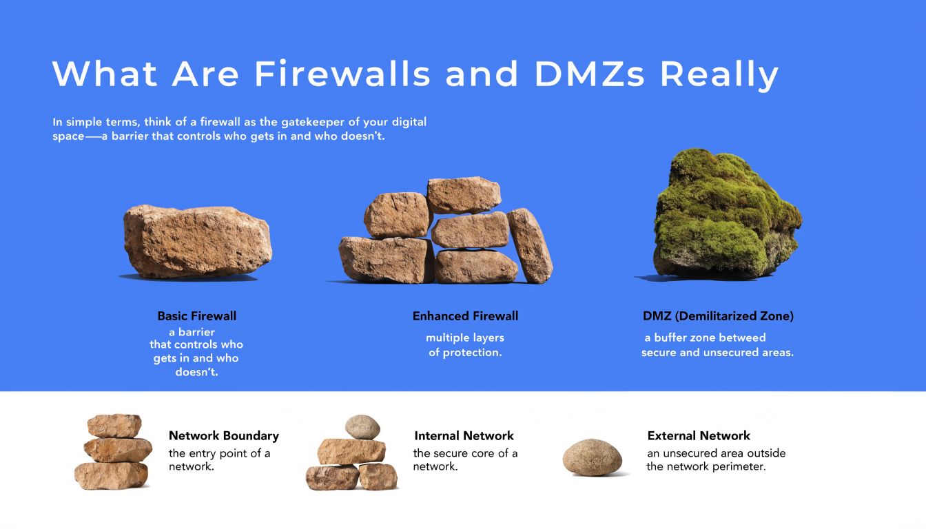 An infographic explaining digital security concepts like basic firewalls, enhanced firewalls, and DMZs using rock metaphors.