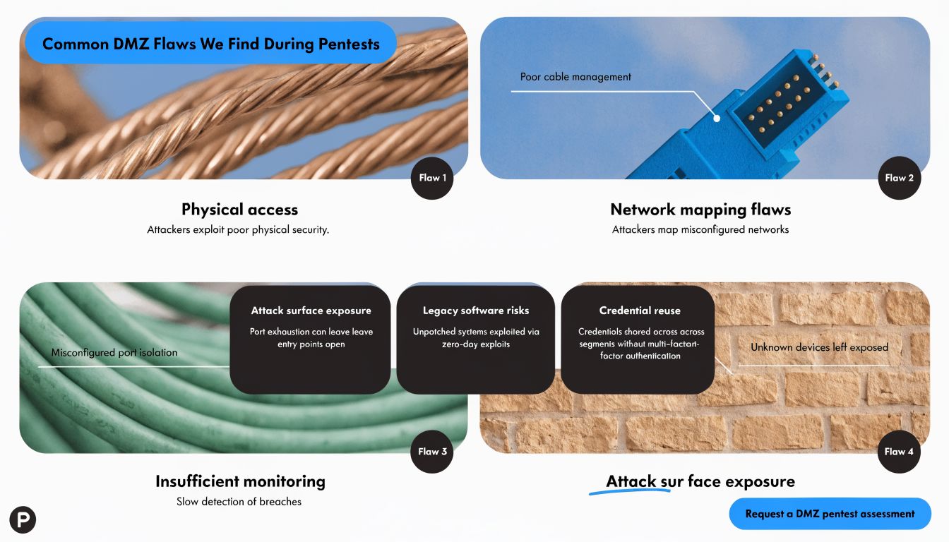 An infographic detailing common cybersecurity flaws found in DMZs, including physical access, network mapping, and configuration issues.