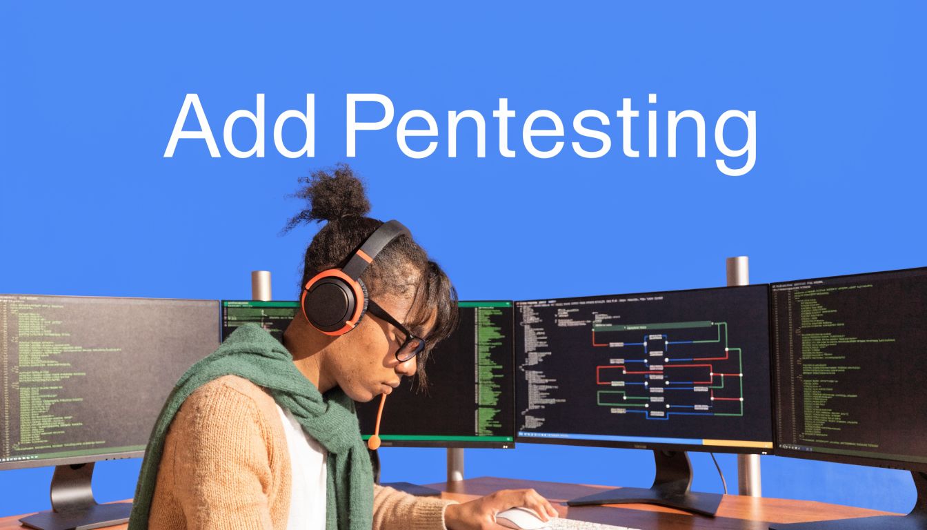 A cybersecurity professional wearing headphones while working on computer code displayed across multiple monitors.