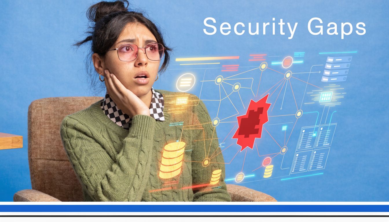 A concerned woman sitting in a chair looking at a digital hologram displaying cyber security threats.