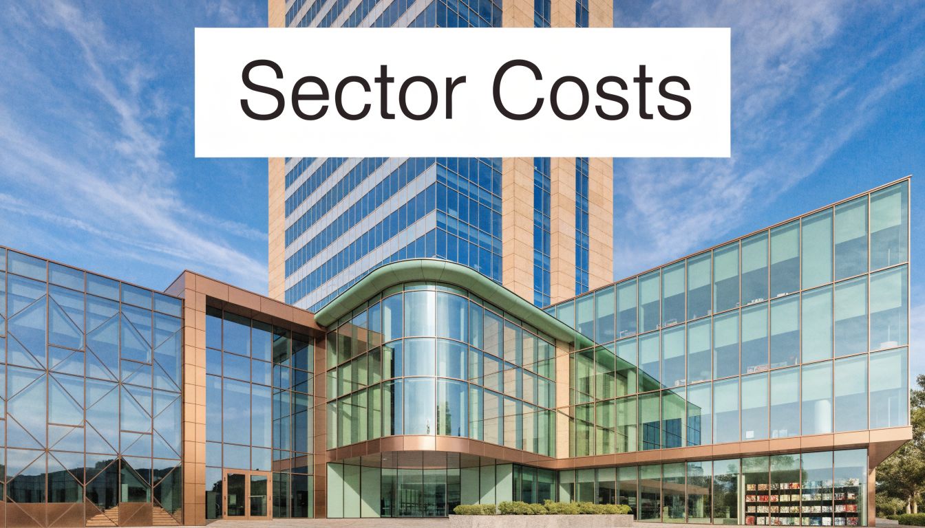 A modern glass and metal corporate building exterior under a bright blue sky with text overlay.