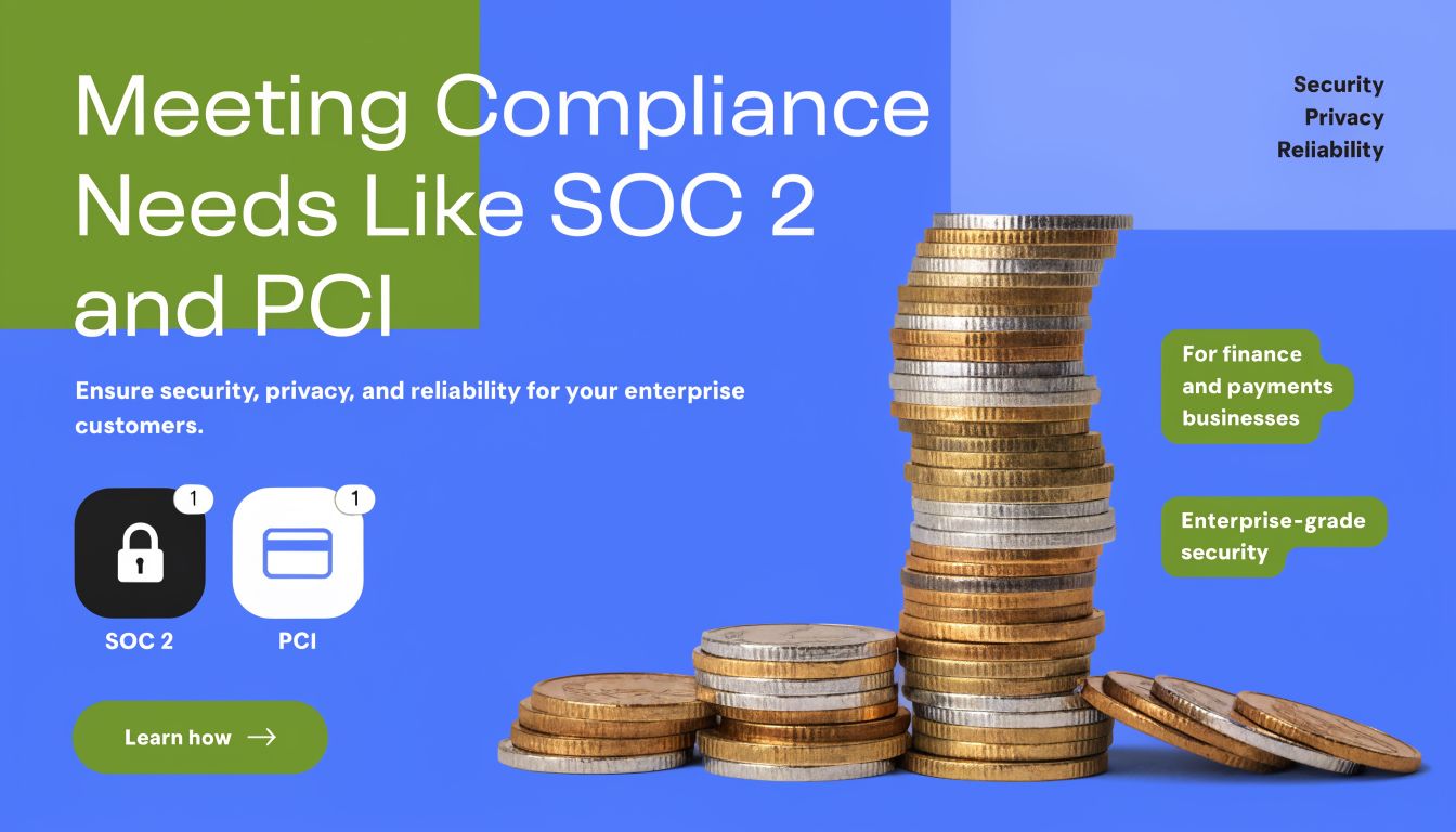 A marketing banner highlighting SOC 2 and PCI compliance with a stack of coins symbolizing finance.