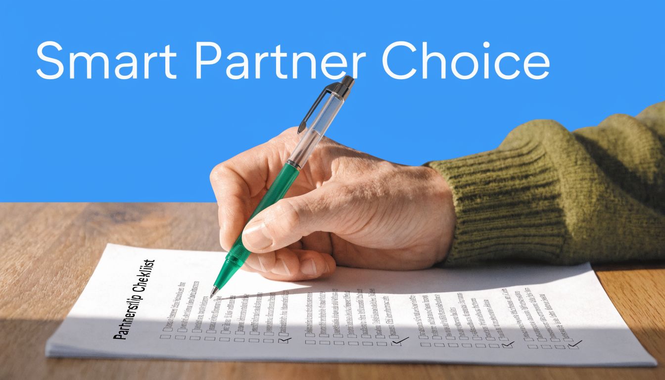 A hand filling out a partnership checklist form with a green pen on a wooden table.