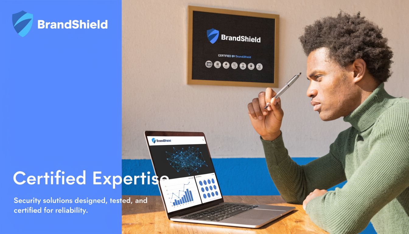 A professional security engineer reviews analytical data on a laptop, emphasizing BrandShield's certified digital security expertise.