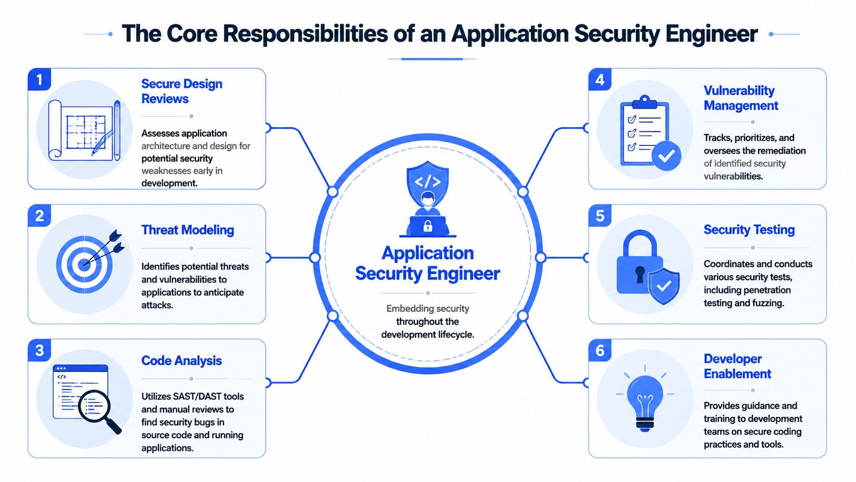 A diagram outlining the six core responsibilities of an application security engineer in the development lifecycle.