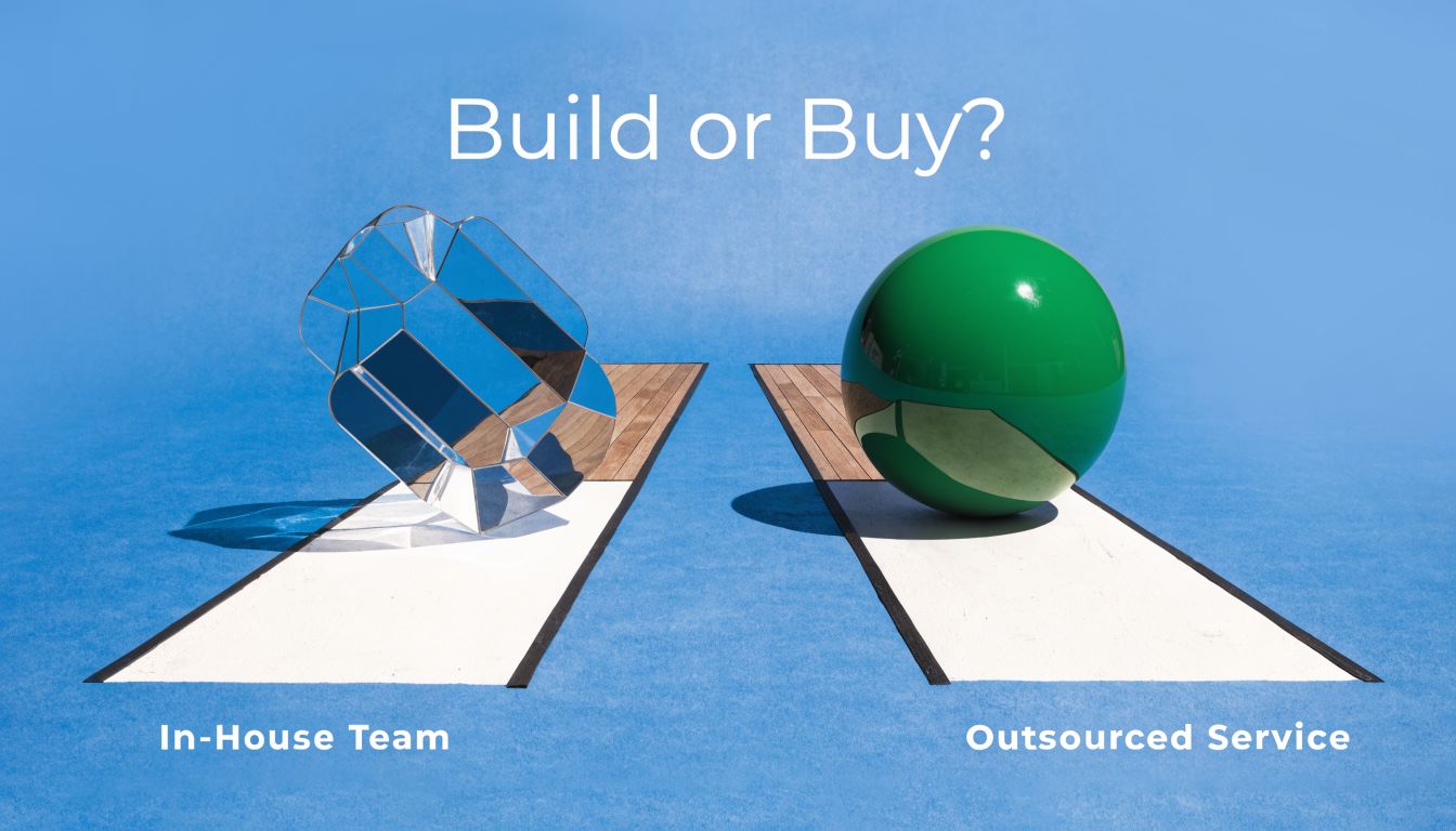 A conceptual image showing a reflective gem and a green sphere representing build versus buy decisions.