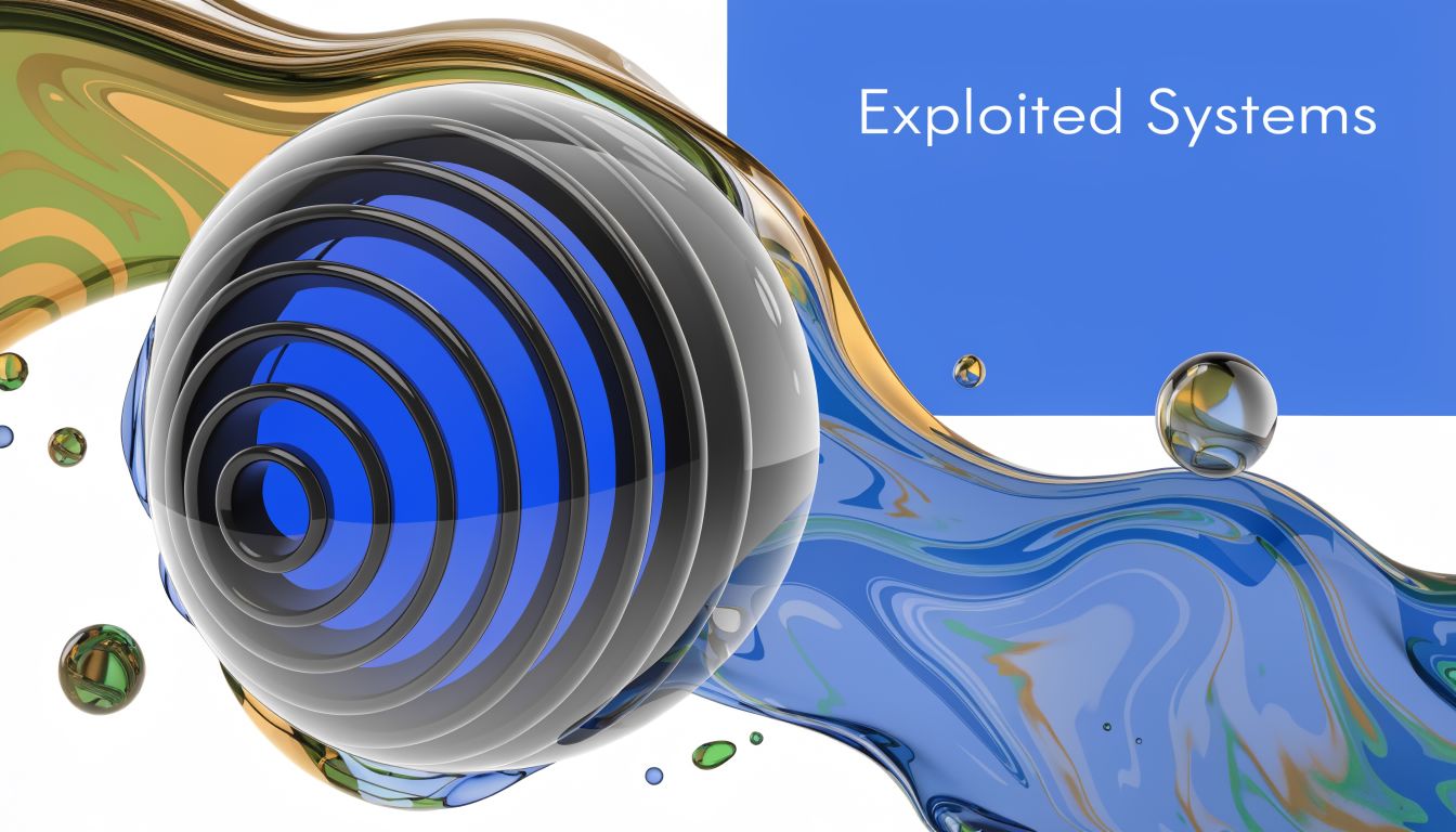 A 3D abstract digital artwork featuring a metallic sphere with concentric rings and liquid fluid forms.