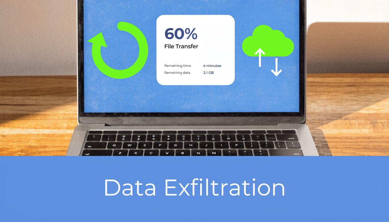 A laptop screen displaying a file transfer progress bar, symbolizing the process of data exfiltration.