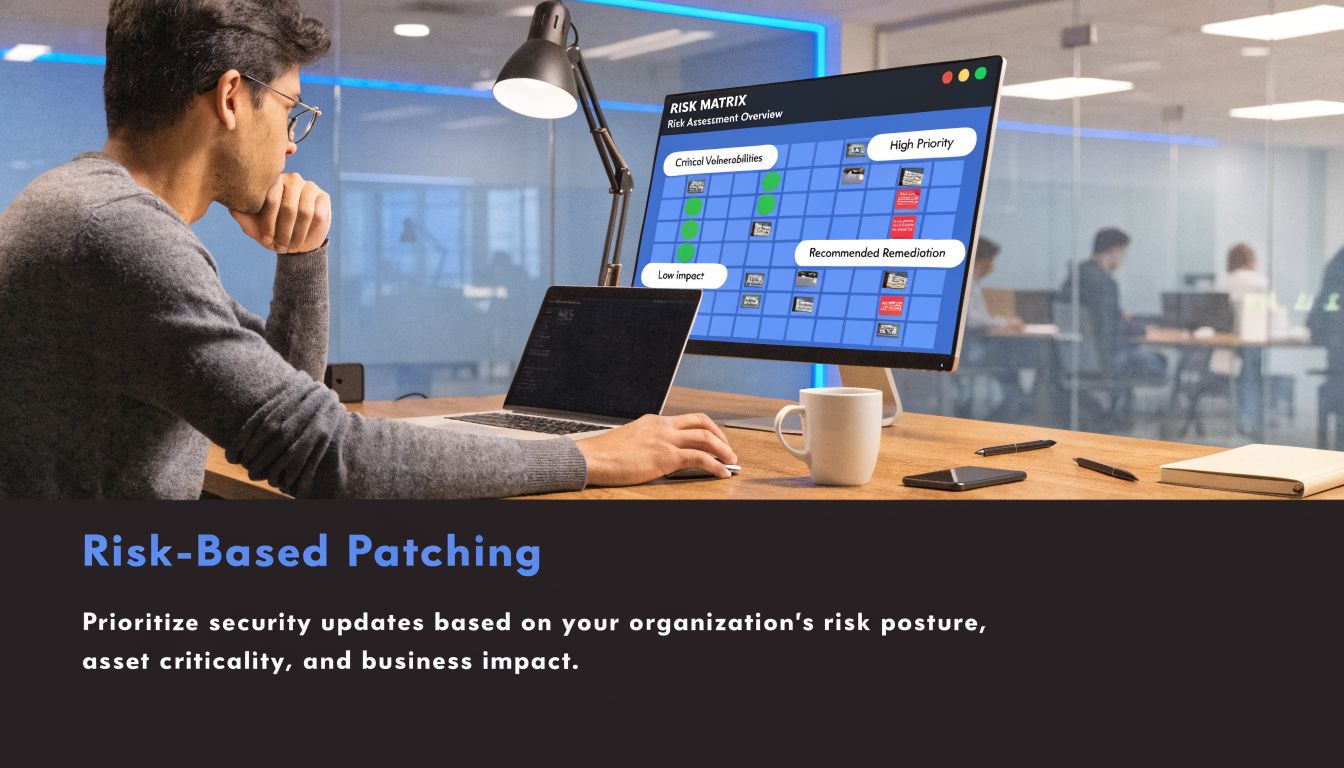 A professional analyzing a digital risk assessment matrix on a monitor for effective cybersecurity patch management.
