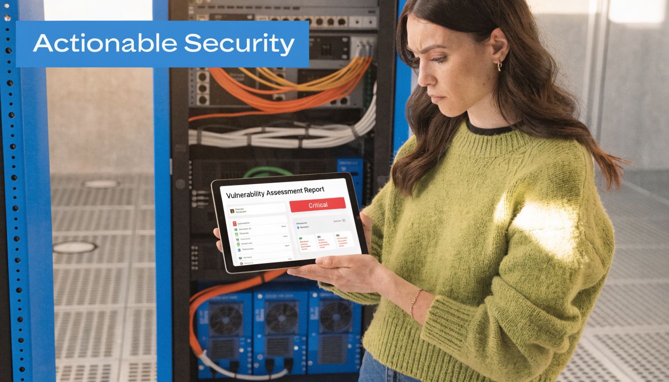A technician holds a tablet displaying a vulnerability assessment report in a modern server room environment.