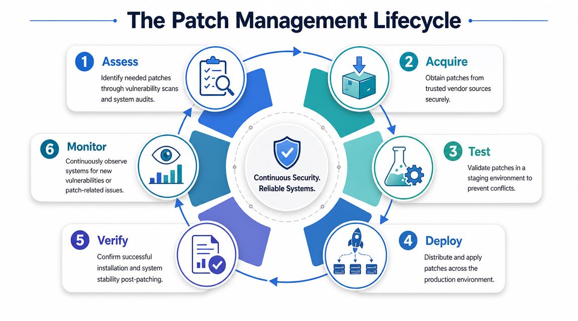 A circular diagram detailing the six stages of the patch management lifecycle for maintaining secure systems.