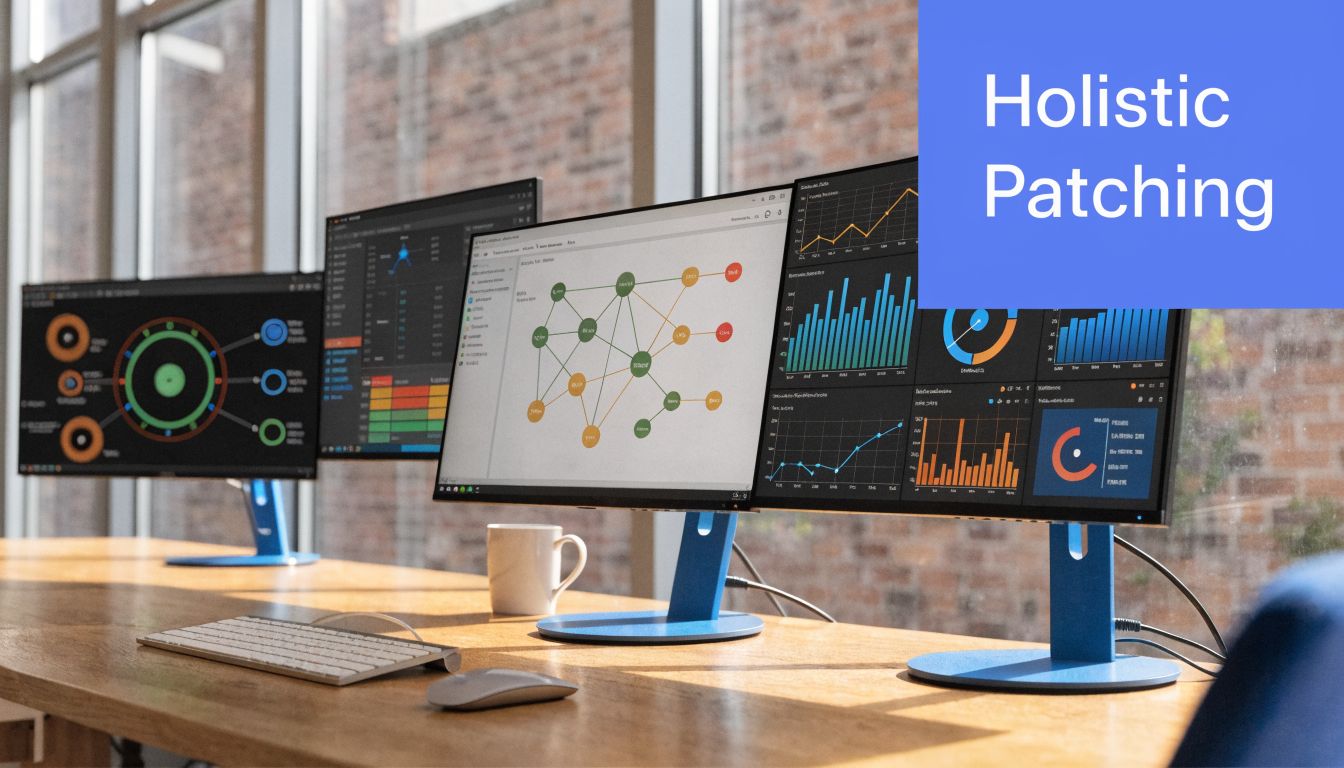 A modern workspace with multiple computer monitors displaying data analytics, networking graphs, and software monitoring charts.
