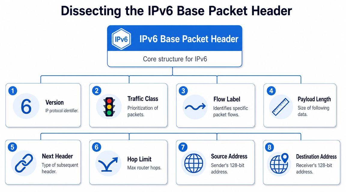 A diagram dissecting the eight fields of an IPv6 base packet header with descriptive icons and labels.