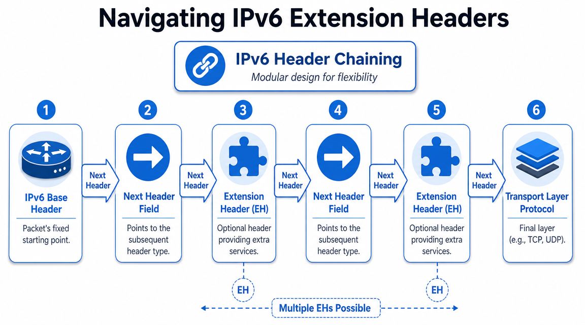 A diagram illustrating IPv6 header chaining process showing how packets link extension headers to transport protocols.