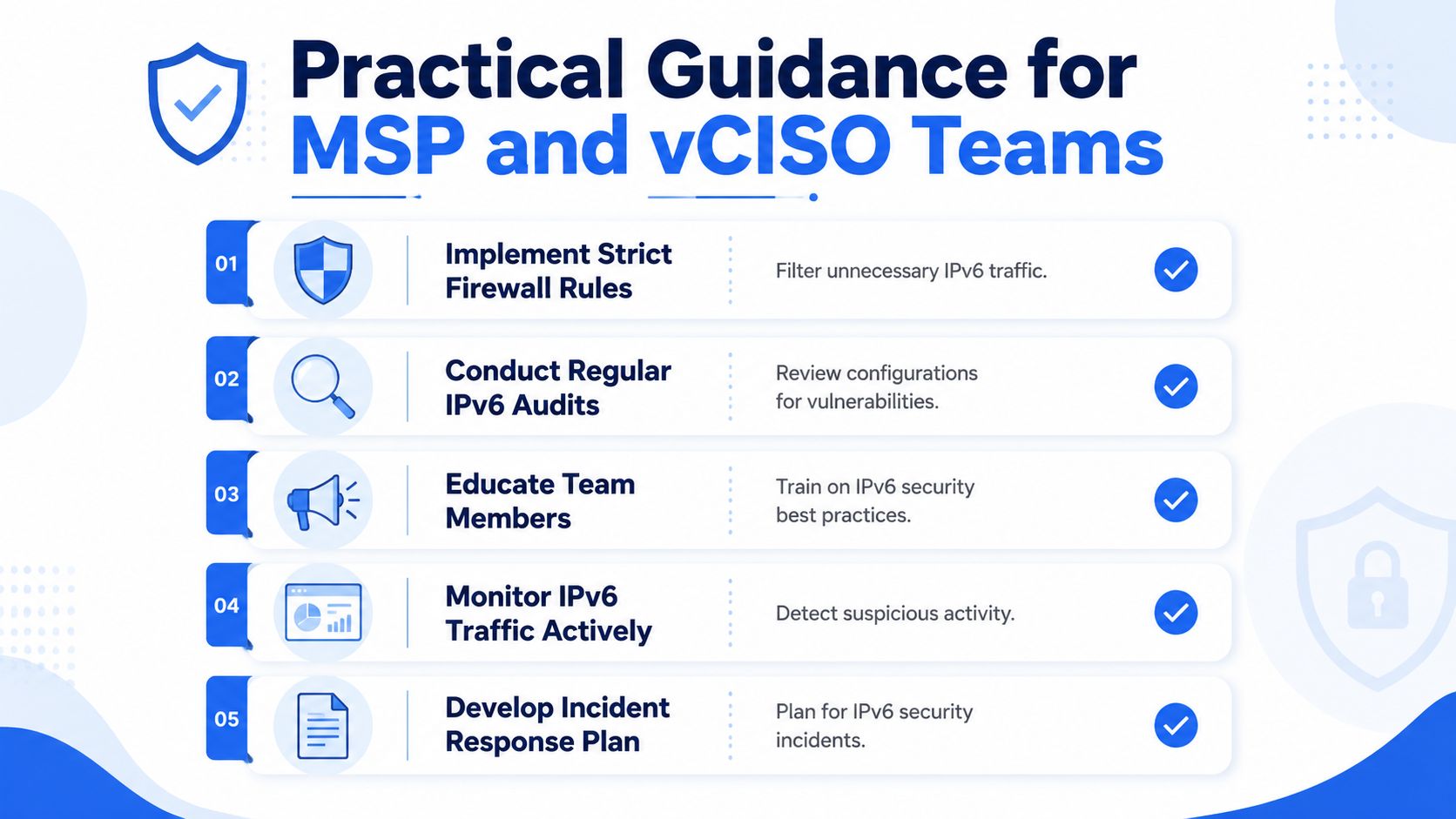 A list of five practical security steps for MSP and vCISO teams to manage IPv6 infrastructure effectively.