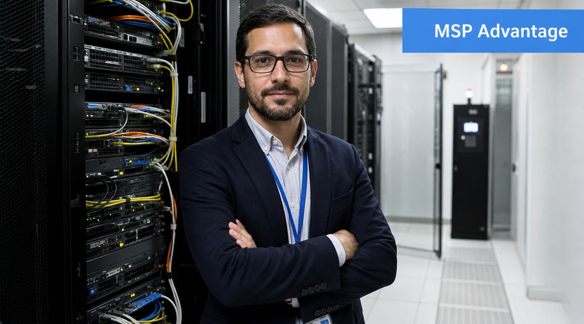 A professional man with glasses standing in front of server racks in a data center.