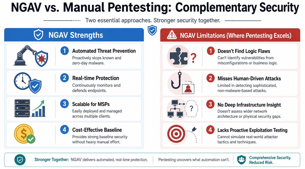 A comparison chart highlighting the strengths of NGAV versus the limitations where manual pentesting excels in cybersecurity.
