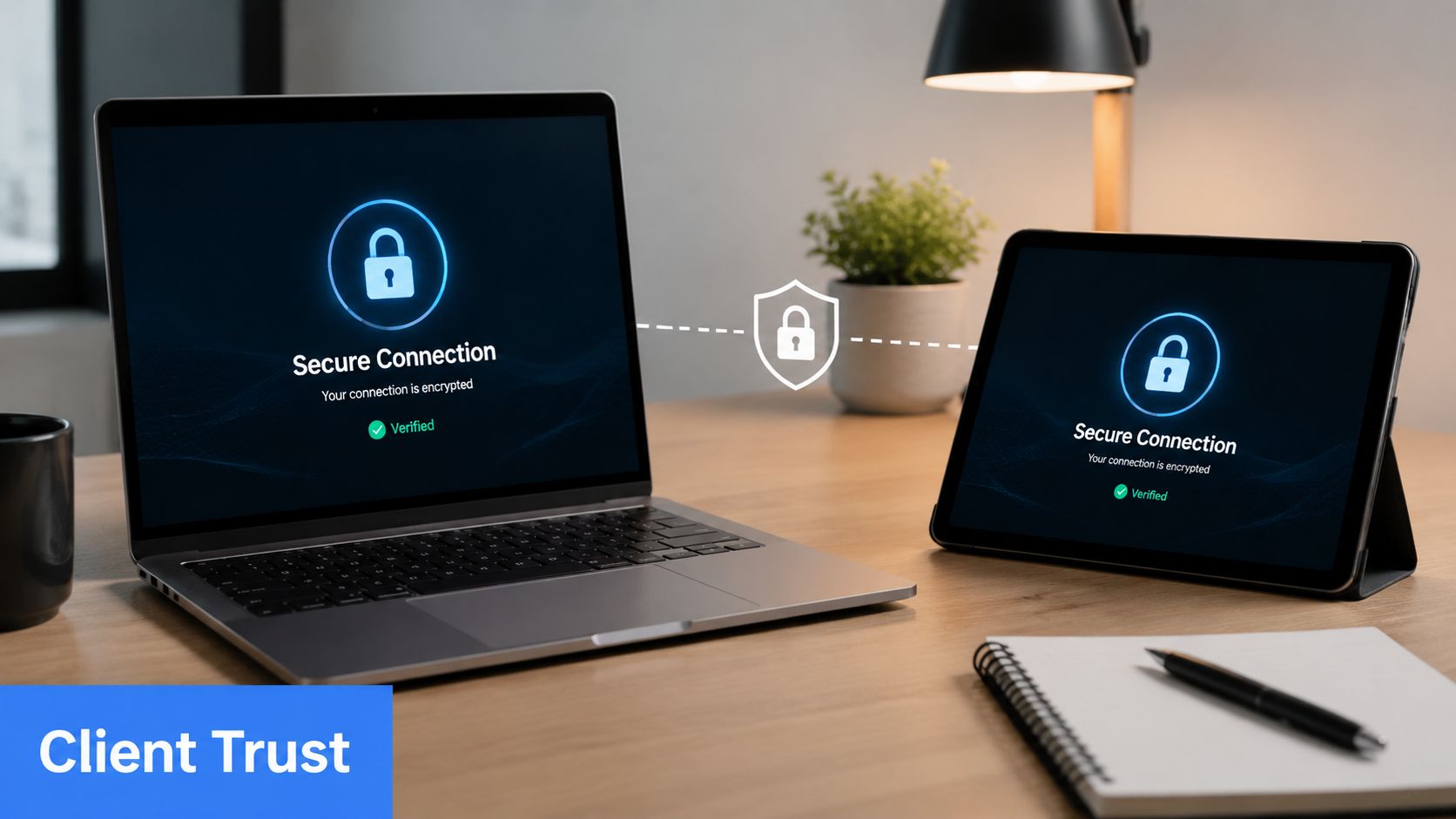 A laptop and tablet on a desk displaying a secure connection icon representing digital encryption and cybersecurity.