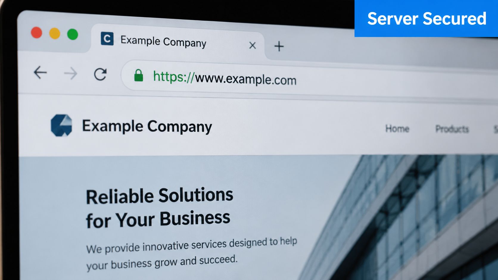 A close-up view of a secure website homepage displayed on a laptop screen with a browser interface.