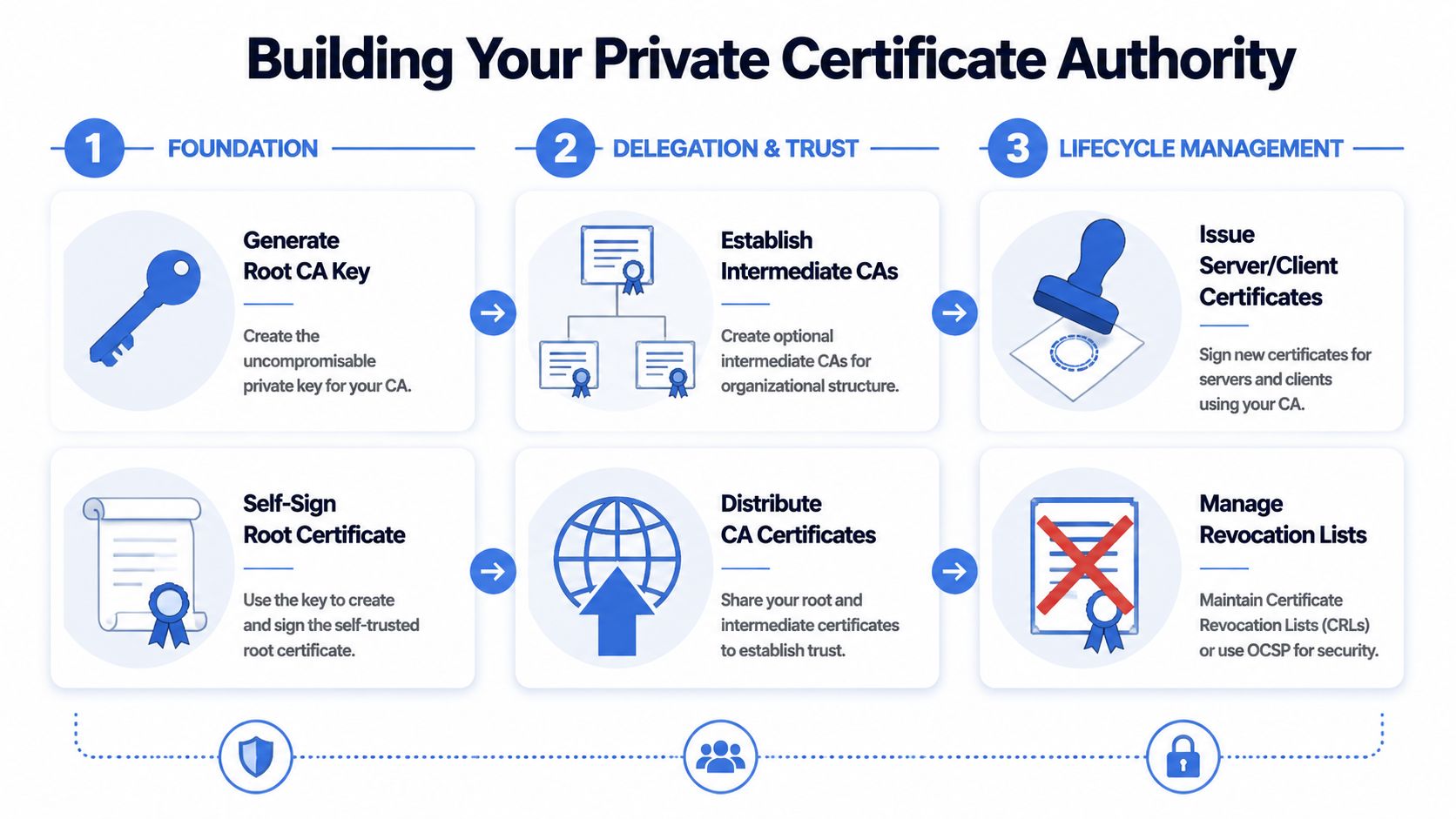 A diagram illustrating the three-step process of building and managing a private certificate authority infrastructure.