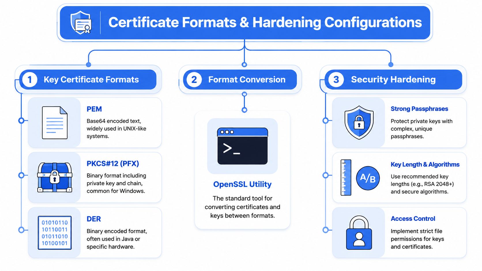 A flowchart detailing different certificate formats, conversion tools, and best practices for security hardening.