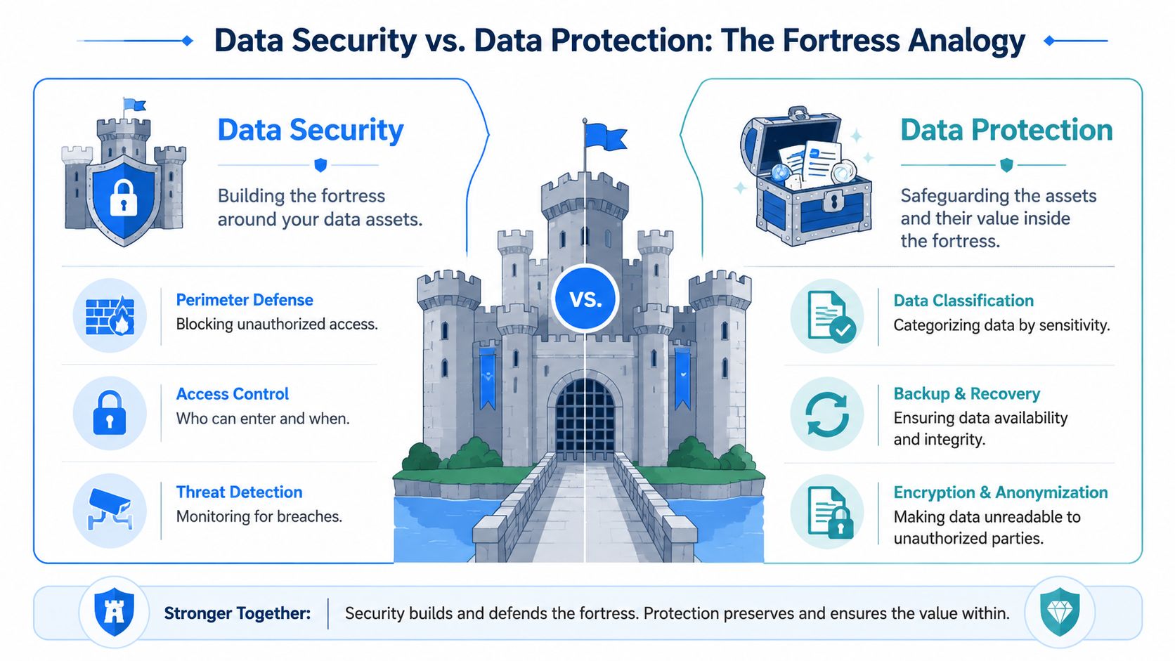 An infographic illustrating the difference between data security and data protection using a fortress analogy.