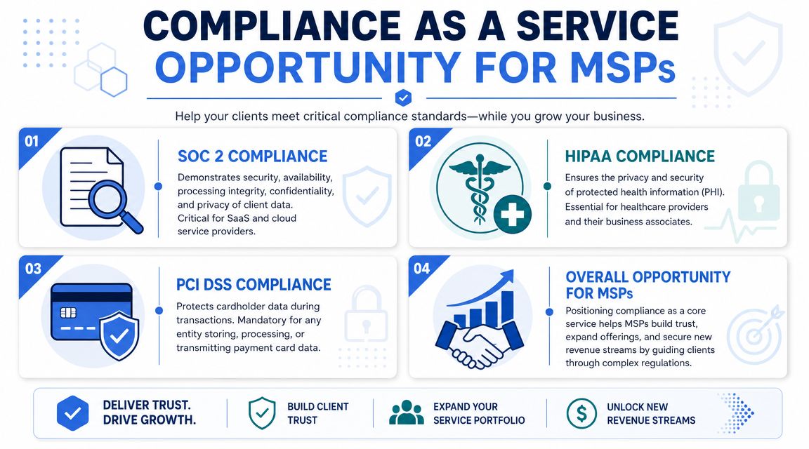 An infographic detailing compliance as a service opportunities for managed service providers including SOC 2, HIPAA, and PCI.