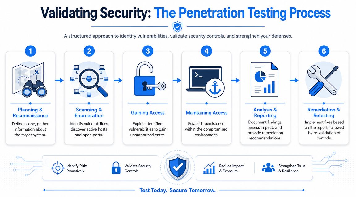 A six-step infographic illustrating the penetration testing process for identifying vulnerabilities and strengthening digital system security.