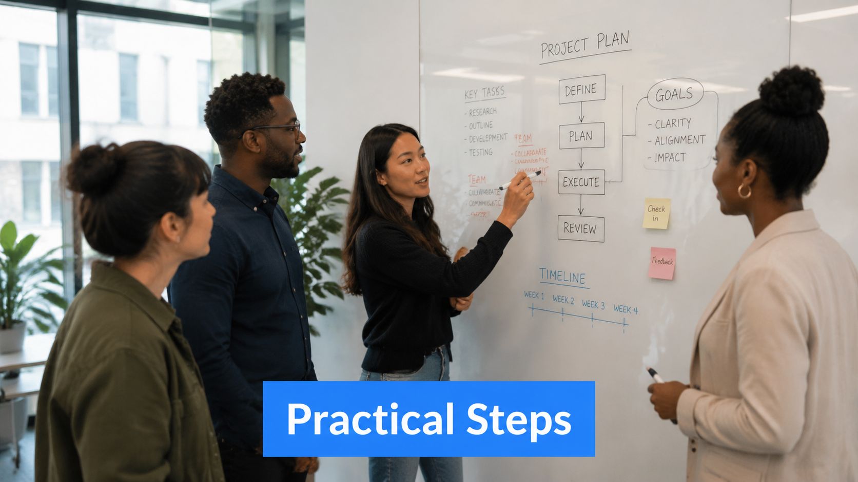 A diverse group of professionals collaborating in an office while brainstorming a project plan on a whiteboard.