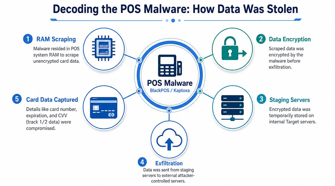 A diagram illustrating the steps of the 2013 Target data breach caused by POS malware.