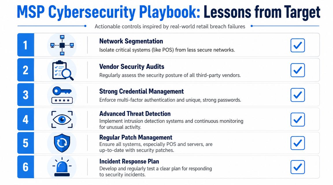 An infographic titled MSP Cybersecurity Playbook listing six security control measures for businesses based on the Target breach.