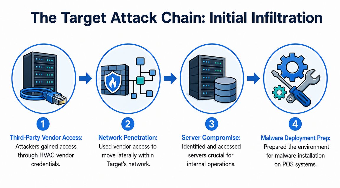 An infographic showing the four-step attack chain process used during the 2013 Target data breach.