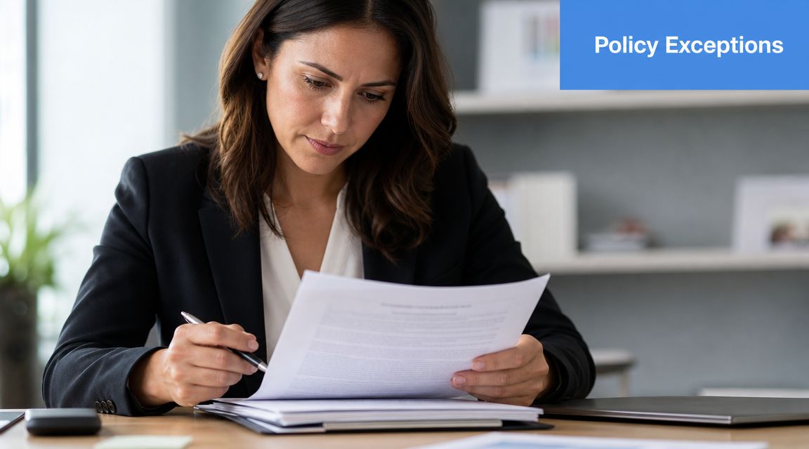 A professional woman in a suit reviewing important documents at an office desk while holding a pen.