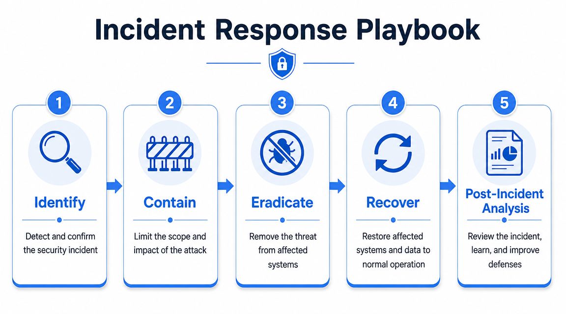 A flowchart showing the five steps of an Incident Response Playbook for cybersecurity defense.