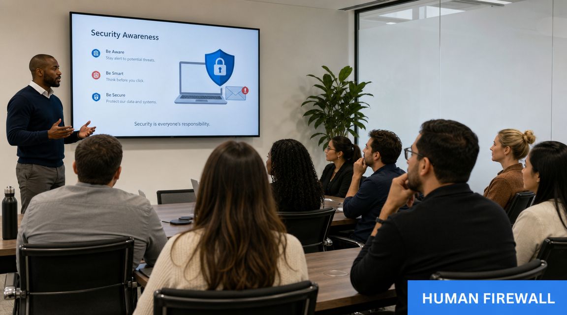 A professional man presenting a security awareness slide to a group of colleagues in a boardroom.