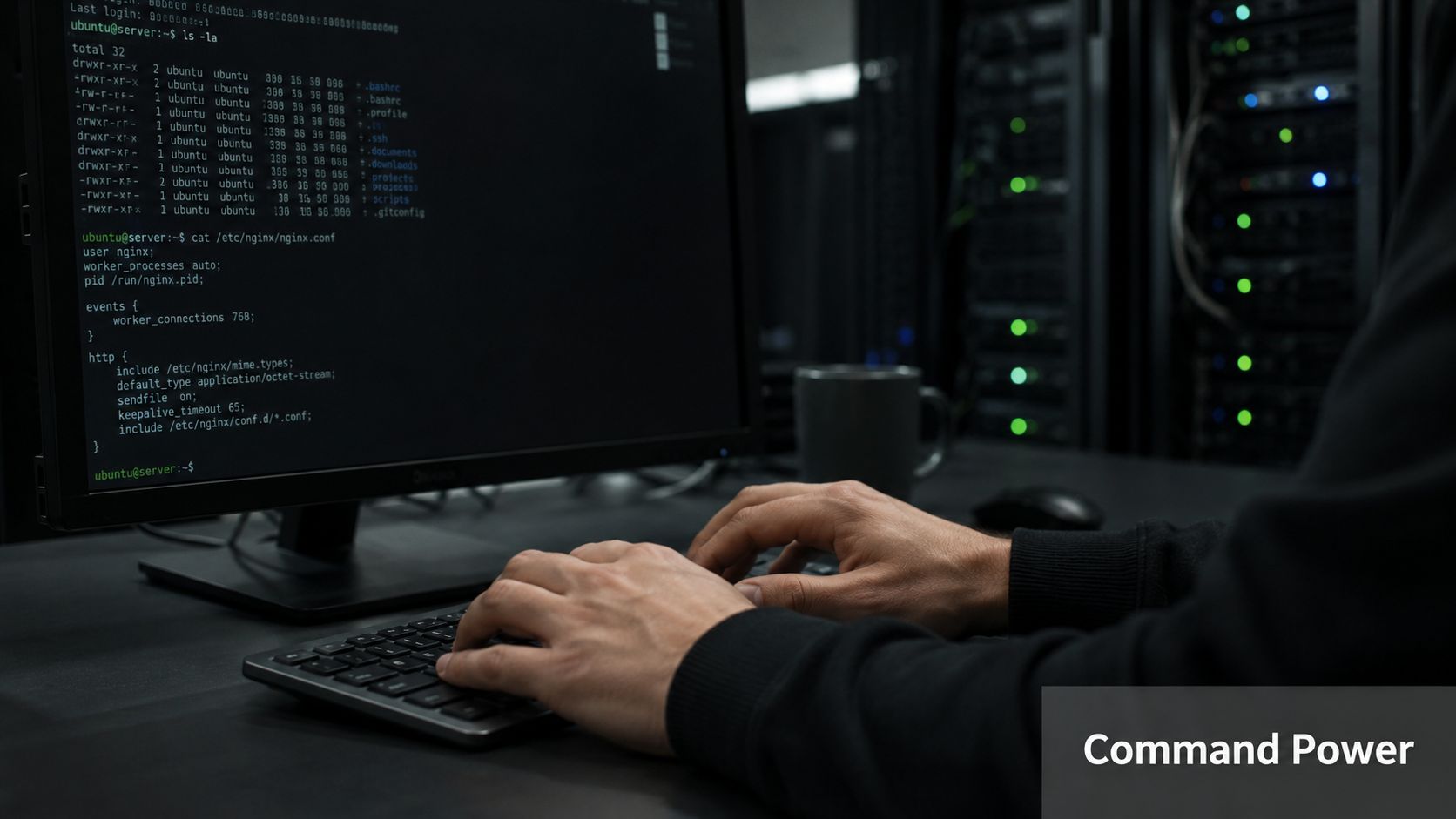A developer working on an Nginx configuration file on a computer inside a dark server room.